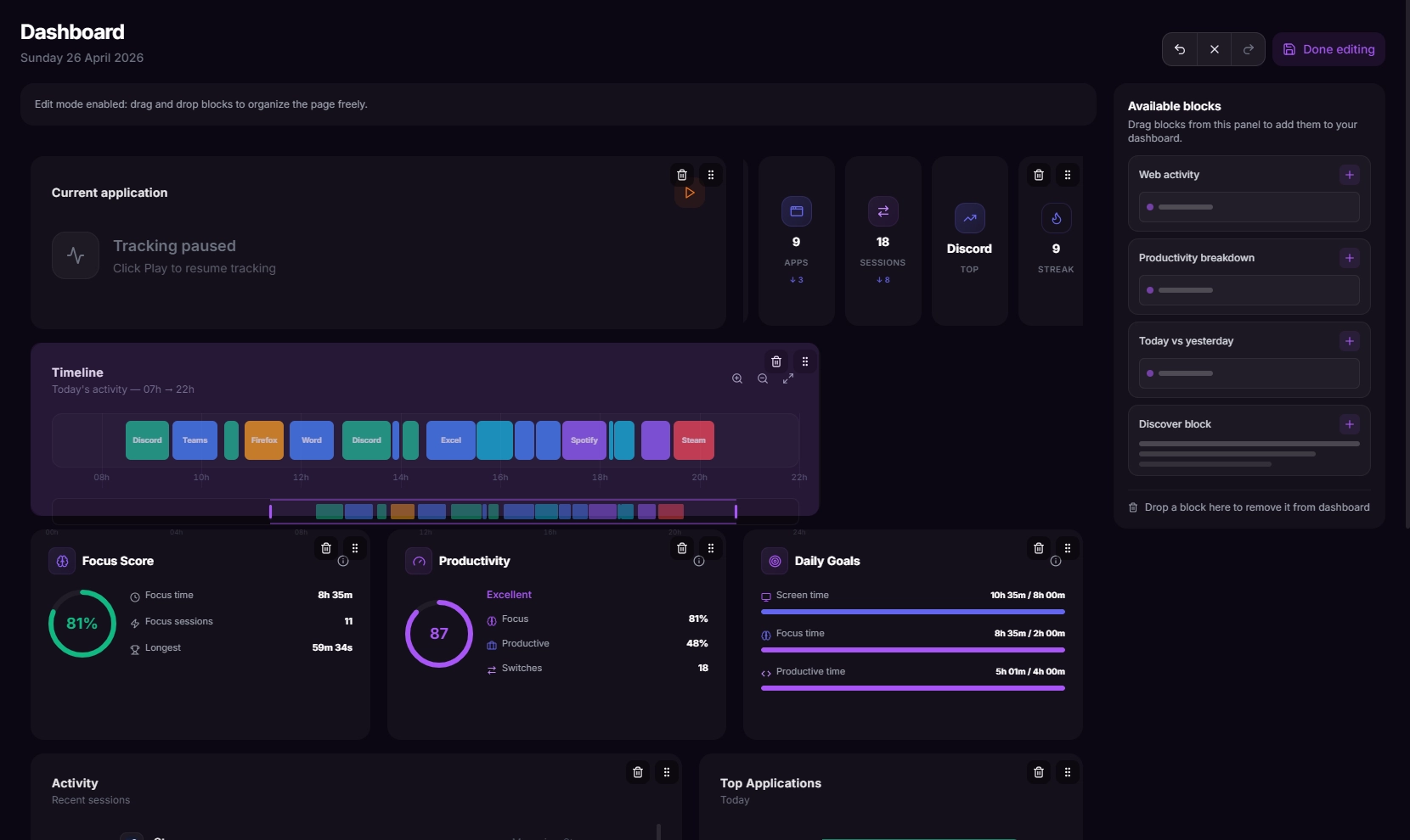 Fully customizable layout: drag and drop blocks to build your ideal view
