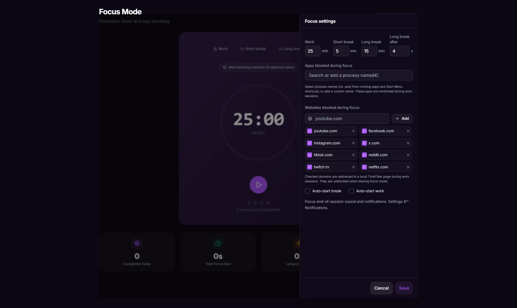 Configure work sessions and strictly block distracting apps and websites
