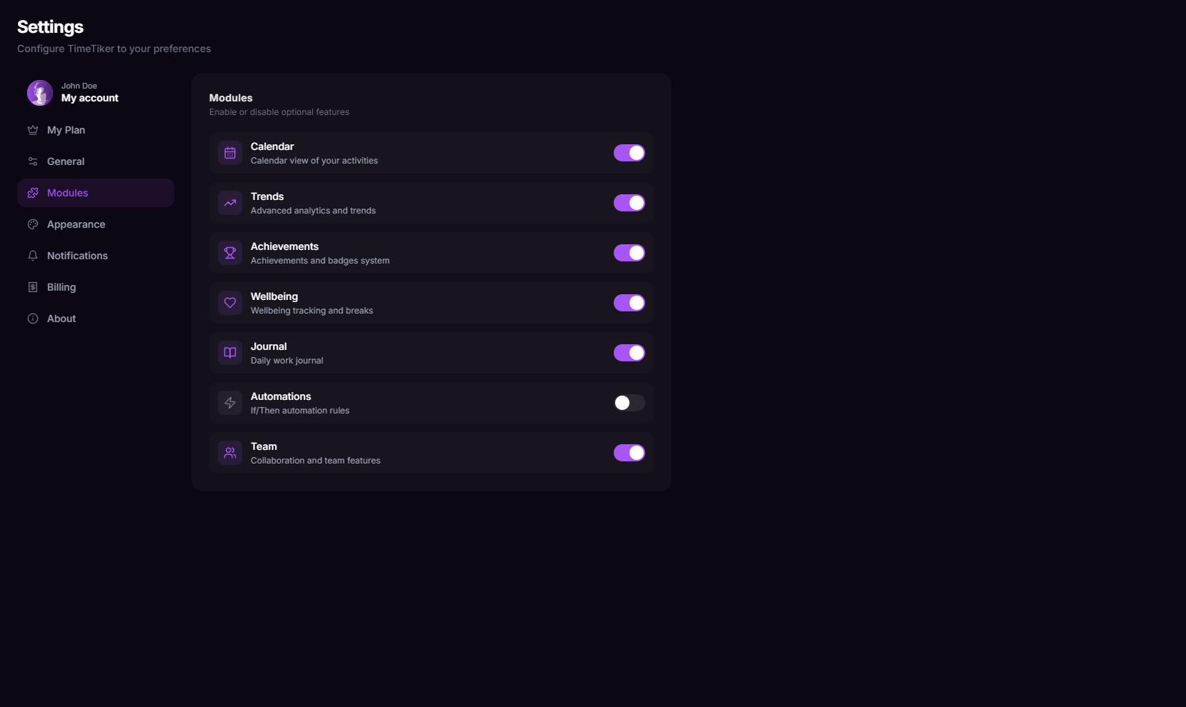 Toggle optional modules on or off to keep your interface clean and focused