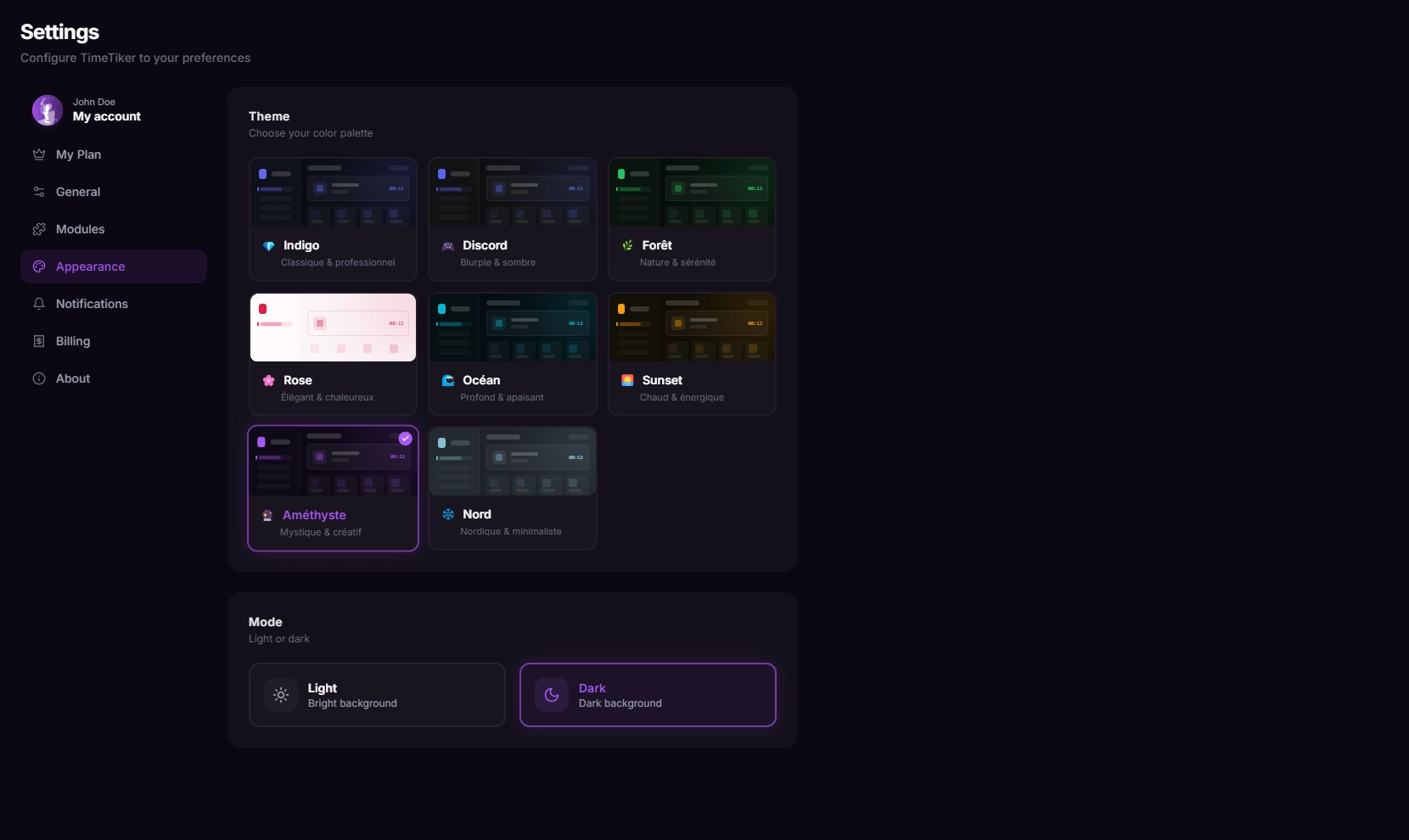Personalize your workspace with custom themes and light or dark modes